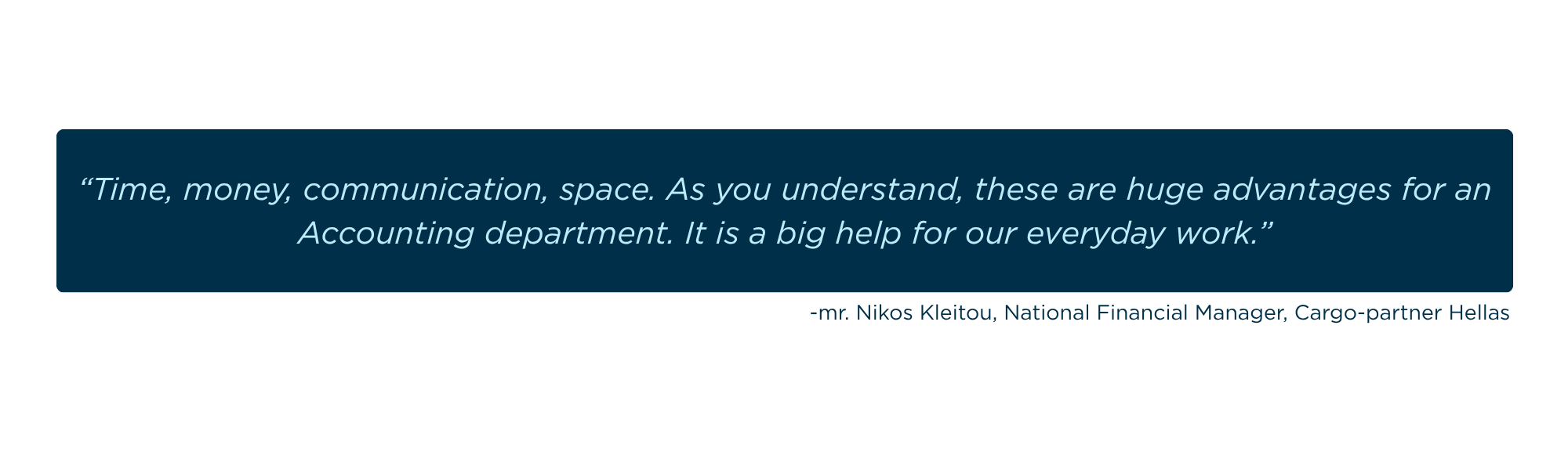 Nikos Kleitsou, National Financial Manager, Cargo Partner Hellas quote about PaperTrail results, advantages in accounting department